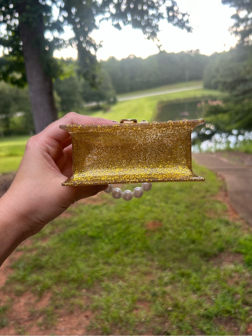 Gold Glitter Jelly Mini Top Handle Bag with Faux Pearl Handle - Picture 3 of 7